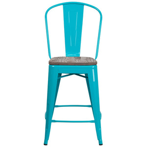 English Elm Carly 24" High Metal Counter Stool with Back and Wood Seat for Stylish Kitchen and Bar Seating Crystal Teal-Blue ET-3534-24-CB-WD-GG
