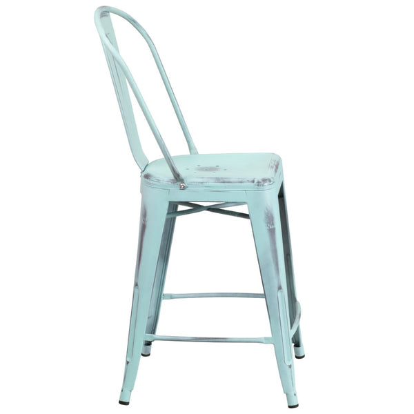 English Elm Carly Commercial Grade 24" High Distressed Metal Counter Stool for Indoor-Outdoor Use, Ergonomic Design Green-Blue ET-3534-24-DB-GG