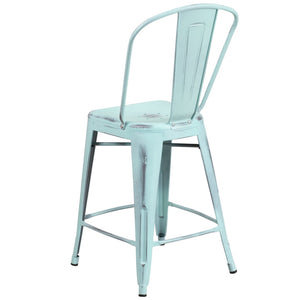 English Elm Carly Commercial Grade 24" High Distressed Metal Counter Stool for Indoor-Outdoor Use, Ergonomic Design Green-Blue ET-3534-24-DB-GG