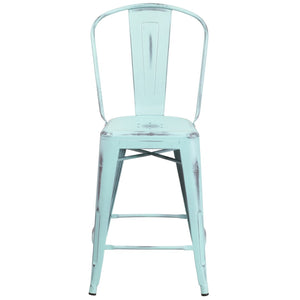 English Elm Carly Commercial Grade 24" High Distressed Metal Counter Stool for Indoor-Outdoor Use, Ergonomic Design Green-Blue ET-3534-24-DB-GG