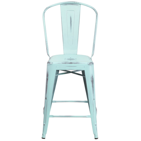 English Elm Carly Commercial Grade 24" High Distressed Metal Counter Stool for Indoor-Outdoor Use, Ergonomic Design Green-Blue ET-3534-24-DB-GG