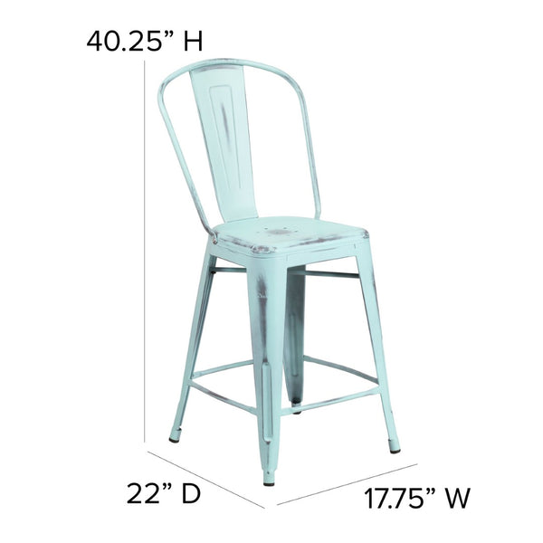 English Elm Carly Commercial-Grade 24" High Metal Counter Stool for Indoor-Outdoor Use, Stylish & Durable Design Gray Seat/Green-Blue Frame ET-3534-24-DB-PL1G-GG