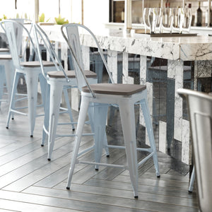 English Elm Carly Commercial-Grade 24" High Metal Counter Stool for Indoor-Outdoor Use, Stylish & Durable Design Gray Seat/Green-Blue Frame ET-3534-24-DB-PL1G-GG
