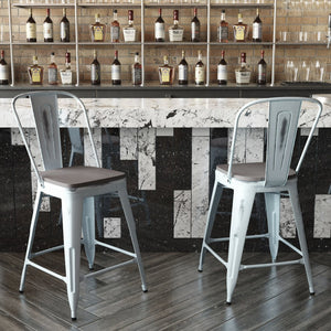 English Elm Carly Commercial-Grade 24" High Metal Counter Stool for Indoor-Outdoor Use, Stylish & Durable Design Gray Seat/Green-Blue Frame ET-3534-24-DB-PL1G-GG