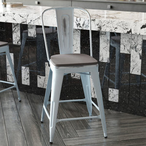 English Elm Carly Commercial-Grade 24" High Metal Counter Stool for Indoor-Outdoor Use, Stylish & Durable Design Gray Seat/Green-Blue Frame ET-3534-24-DB-PL1G-GG