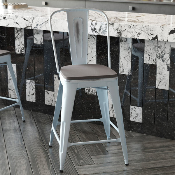 English Elm Carly Commercial-Grade 24" High Metal Counter Stool for Indoor-Outdoor Use, Stylish & Durable Design Gray Seat/Green-Blue Frame ET-3534-24-DB-PL1G-GG