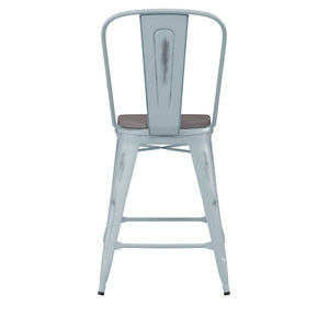 English Elm Carly Commercial-Grade 24" High Metal Counter Stool for Indoor-Outdoor Use, Stylish & Durable Design Gray Seat/Green-Blue Frame ET-3534-24-DB-PL1G-GG