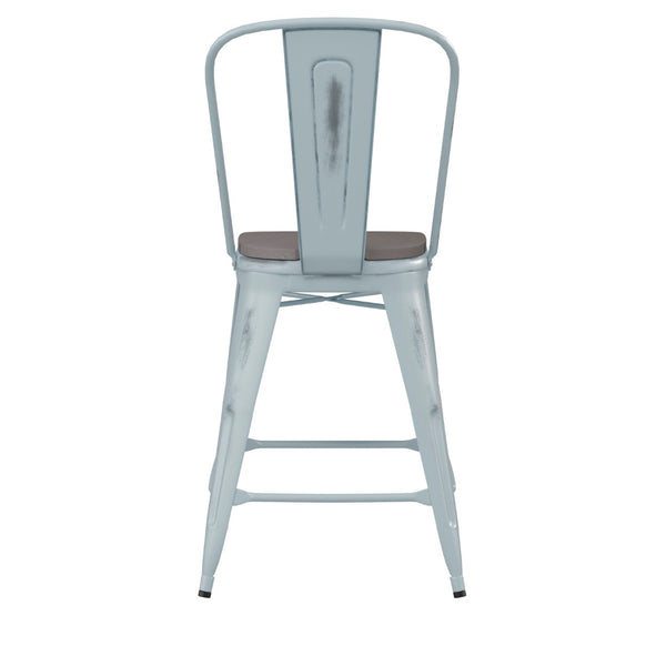English Elm Carly Commercial-Grade 24" High Metal Counter Stool for Indoor-Outdoor Use, Stylish & Durable Design Gray Seat/Green-Blue Frame ET-3534-24-DB-PL1G-GG