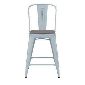 English Elm Carly Commercial-Grade 24" High Metal Counter Stool for Indoor-Outdoor Use, Stylish & Durable Design Gray Seat/Green-Blue Frame ET-3534-24-DB-PL1G-GG