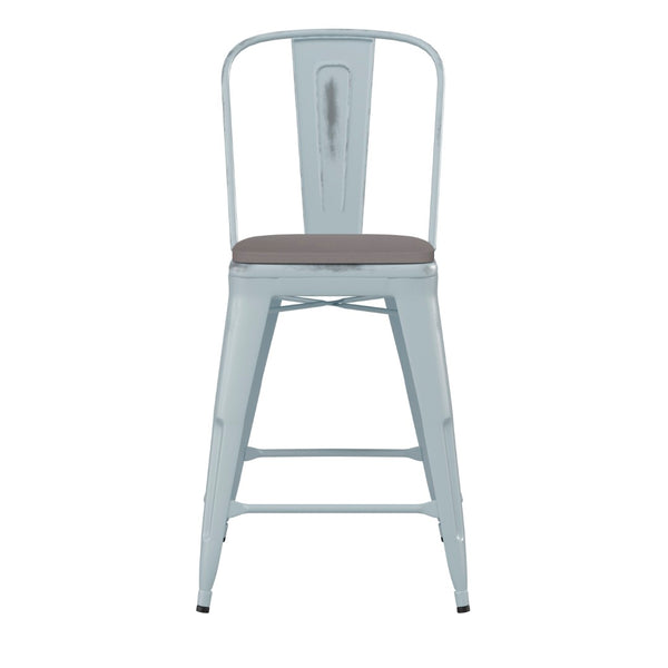 English Elm Carly Commercial-Grade 24" High Metal Counter Stool for Indoor-Outdoor Use, Stylish & Durable Design Gray Seat/Green-Blue Frame ET-3534-24-DB-PL1G-GG