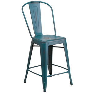 English Elm Carly Commercial Grade 24" High Distressed Metal Counter Stool for Indoor-Outdoor Use, Ergonomic Design Kelly Blue-Teal ET-3534-24-KB-GG