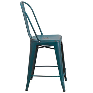English Elm Carly Commercial Grade 24" High Distressed Metal Counter Stool for Indoor-Outdoor Use, Ergonomic Design Kelly Blue-Teal ET-3534-24-KB-GG