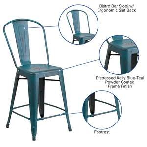 English Elm Carly Commercial Grade 24" High Distressed Metal Counter Stool for Indoor-Outdoor Use, Ergonomic Design Kelly Blue-Teal ET-3534-24-KB-GG