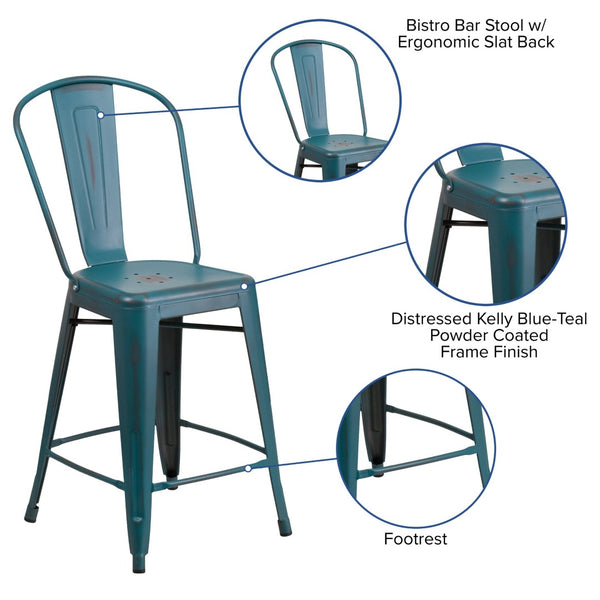 English Elm Carly Commercial Grade 24" High Distressed Metal Counter Stool for Indoor-Outdoor Use, Ergonomic Design Kelly Blue-Teal ET-3534-24-KB-GG