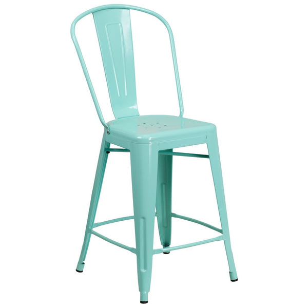 English Elm Carly 24" High Metal Indoor-Outdoor Counter Stool with Back for Cafes, Bars, and Home Use Mint Green ET-3534-24-MINT-GG