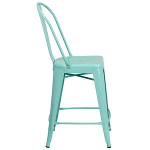 English Elm Carly 24" High Metal Indoor-Outdoor Counter Stool with Back for Cafes, Bars, and Home Use Mint Green ET-3534-24-MINT-GG