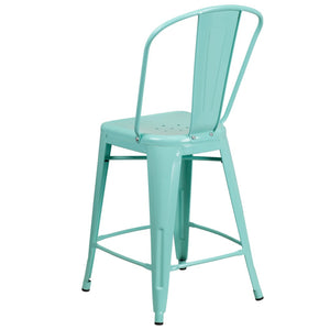 English Elm Carly 24" High Metal Indoor-Outdoor Counter Stool with Back for Cafes, Bars, and Home Use Mint Green ET-3534-24-MINT-GG