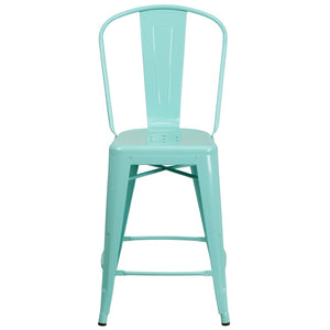 English Elm Carly 24" High Metal Indoor-Outdoor Counter Stool with Back for Cafes, Bars, and Home Use Mint Green ET-3534-24-MINT-GG