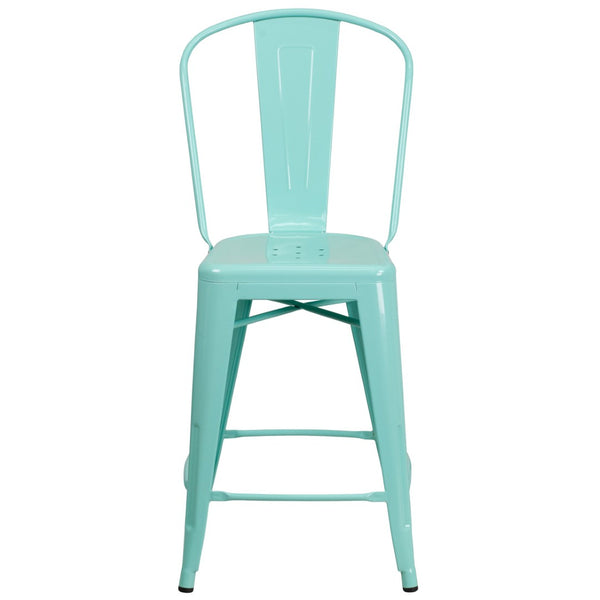 English Elm Carly 24" High Metal Indoor-Outdoor Counter Stool with Back for Cafes, Bars, and Home Use Mint Green ET-3534-24-MINT-GG