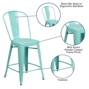 English Elm Carly 24" High Metal Indoor-Outdoor Counter Stool with Back for Cafes, Bars, and Home Use Mint Green ET-3534-24-MINT-GG