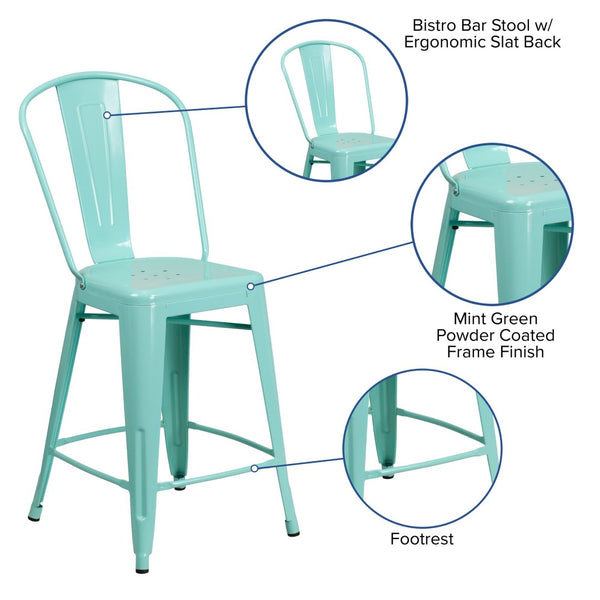 English Elm Carly 24" High Metal Indoor-Outdoor Counter Stool with Back for Cafes, Bars, and Home Use Mint Green ET-3534-24-MINT-GG