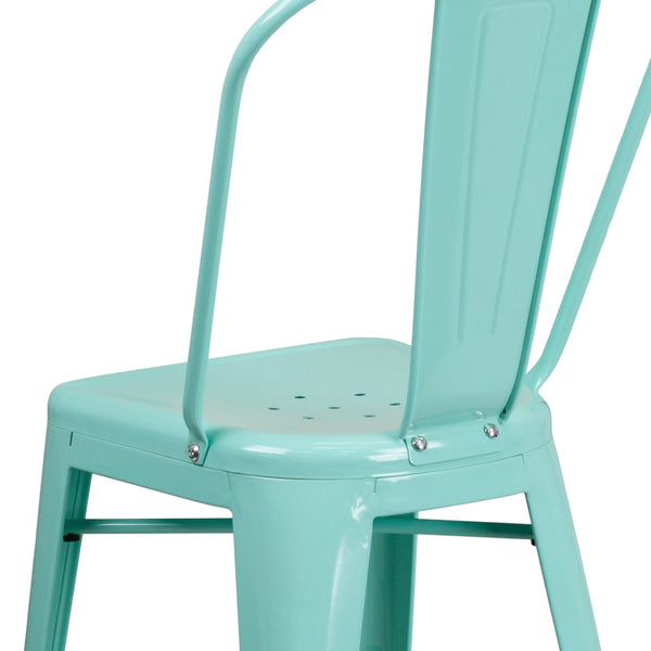 English Elm Carly 24" High Metal Indoor-Outdoor Counter Stool with Back for Cafes, Bars, and Home Use Mint Green ET-3534-24-MINT-GG