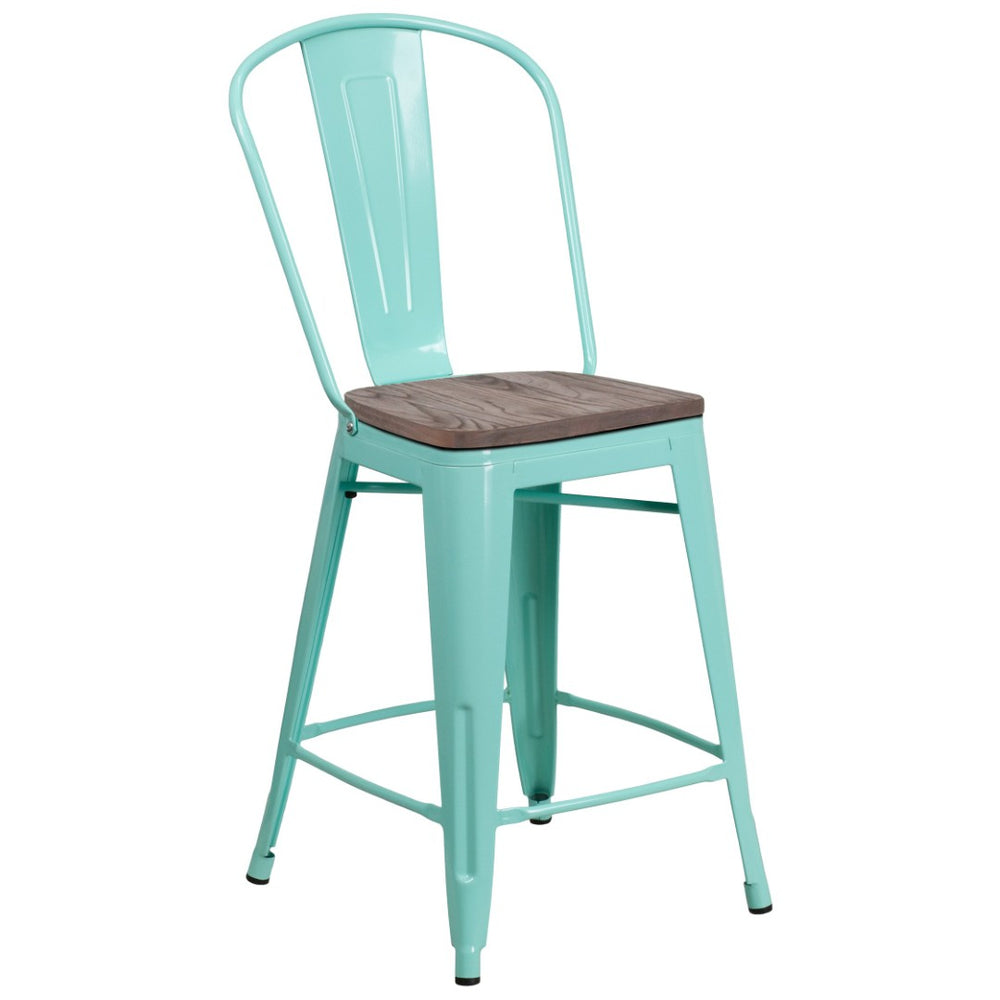 English Elm Carly 24" High Metal Counter Stool with Back and Wood Seat for Stylish Kitchen and Bar Seating Mint Green ET-3534-24-MINT-WD-GG