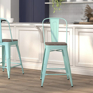 English Elm Carly 24" High Metal Counter Stool with Back and Wood Seat for Stylish Kitchen and Bar Seating Mint Green ET-3534-24-MINT-WD-GG