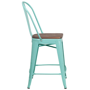 English Elm Carly 24" High Metal Counter Stool with Back and Wood Seat for Stylish Kitchen and Bar Seating Mint Green ET-3534-24-MINT-WD-GG