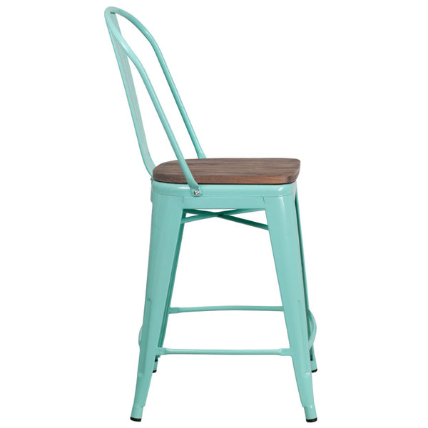English Elm Carly 24" High Metal Counter Stool with Back and Wood Seat for Stylish Kitchen and Bar Seating Mint Green ET-3534-24-MINT-WD-GG