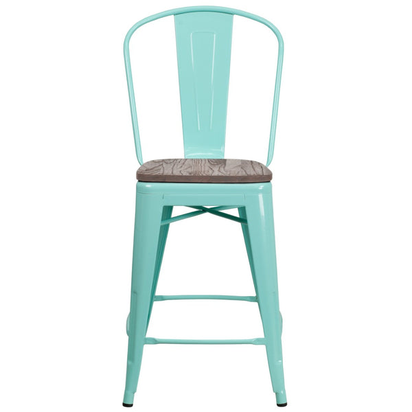 English Elm Carly 24" High Metal Counter Stool with Back and Wood Seat for Stylish Kitchen and Bar Seating Mint Green ET-3534-24-MINT-WD-GG