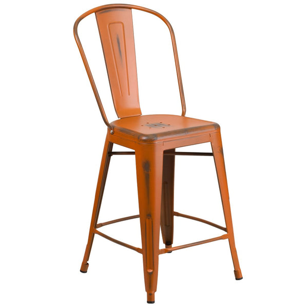 English Elm Carly Commercial Grade 24" High Distressed Metal Counter Stool for Indoor-Outdoor Use, Ergonomic Design Orange ET-3534-24-OR-GG