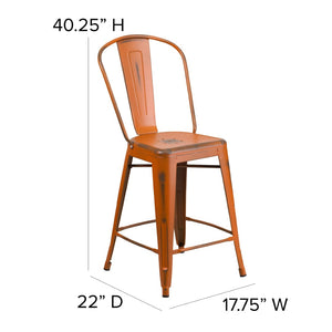 English Elm Carly Commercial Grade 24" High Distressed Metal Counter Stool for Indoor-Outdoor Use, Ergonomic Design Orange ET-3534-24-OR-GG