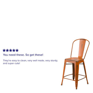 English Elm Carly Commercial Grade 24" High Distressed Metal Counter Stool for Indoor-Outdoor Use, Ergonomic Design Orange ET-3534-24-OR-GG