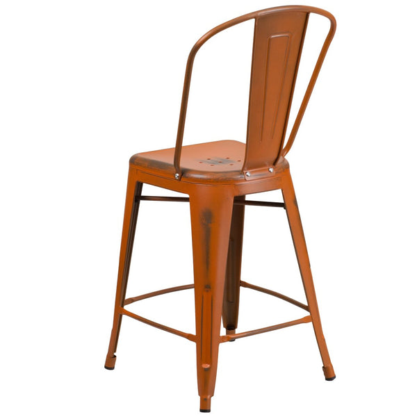 English Elm Carly Commercial Grade 24" High Distressed Metal Counter Stool for Indoor-Outdoor Use, Ergonomic Design Orange ET-3534-24-OR-GG
