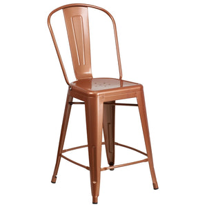 English Elm Carly 24" High Metal Indoor-Outdoor Counter Stool with Back for Cafes, Bars, and Home Use Copper ET-3534-24-POC-GG