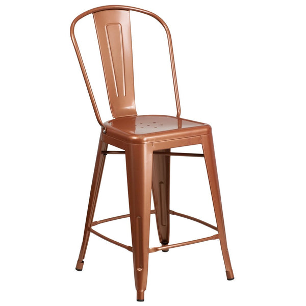 English Elm Carly 24" High Metal Indoor-Outdoor Counter Stool with Back for Cafes, Bars, and Home Use Copper ET-3534-24-POC-GG