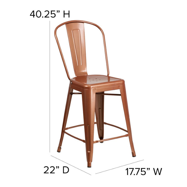 English Elm Carly 24" High Metal Indoor-Outdoor Counter Stool with Back for Cafes, Bars, and Home Use Copper ET-3534-24-POC-GG