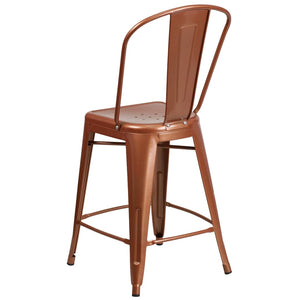 English Elm Carly 24" High Metal Indoor-Outdoor Counter Stool with Back for Cafes, Bars, and Home Use Copper ET-3534-24-POC-GG