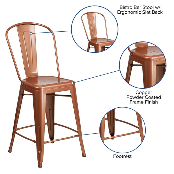 English Elm Carly 24" High Metal Indoor-Outdoor Counter Stool with Back for Cafes, Bars, and Home Use Copper ET-3534-24-POC-GG