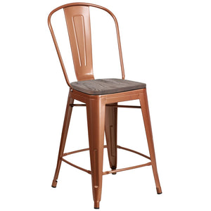 English Elm Carly 24" High Metal Counter Stool with Back and Wood Seat for Stylish Kitchen and Bar Seating Copper ET-3534-24-POC-WD-GG