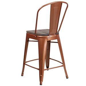 English Elm Carly 24" High Metal Counter Stool with Back and Wood Seat for Stylish Kitchen and Bar Seating Copper ET-3534-24-POC-WD-GG