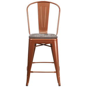 English Elm Carly 24" High Metal Counter Stool with Back and Wood Seat for Stylish Kitchen and Bar Seating Copper ET-3534-24-POC-WD-GG
