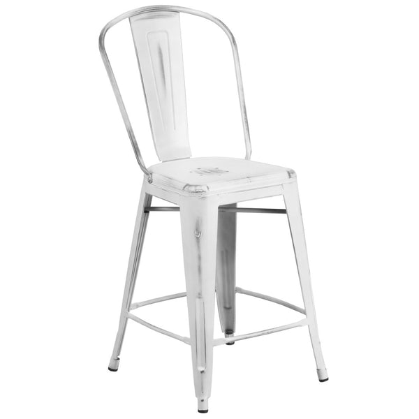 English Elm Carly Commercial Grade 24" High Distressed Metal Counter Stool for Indoor-Outdoor Use, Ergonomic Design White ET-3534-24-WH-GG