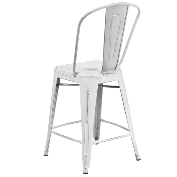 English Elm Carly Commercial Grade 24" High Distressed Metal Counter Stool for Indoor-Outdoor Use, Ergonomic Design White ET-3534-24-WH-GG