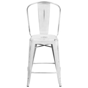 English Elm Carly Commercial Grade 24" High Distressed Metal Counter Stool for Indoor-Outdoor Use, Ergonomic Design White ET-3534-24-WH-GG