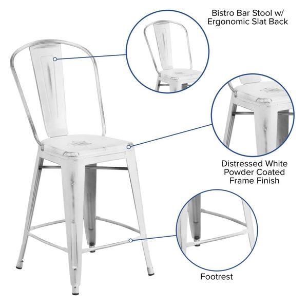 English Elm Carly Commercial Grade 24" High Distressed Metal Counter Stool for Indoor-Outdoor Use, Ergonomic Design White ET-3534-24-WH-GG