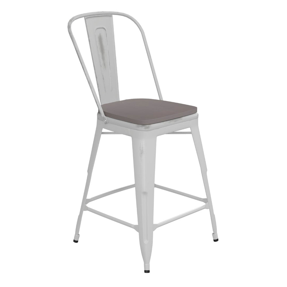 English Elm Carly Commercial-Grade 24" High Metal Counter Stool for Indoor-Outdoor Use, Stylish & Durable Design Gray Seat/White Frame ET-3534-24-WH-PL1G-GG