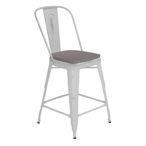English Elm Carly Commercial-Grade 24" High Metal Counter Stool for Indoor-Outdoor Use, Stylish & Durable Design Gray Seat/White Frame ET-3534-24-WH-PL1G-GG