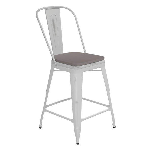 English Elm Carly Commercial-Grade 24" High Metal Counter Stool for Indoor-Outdoor Use, Stylish & Durable Design Gray Seat/White Frame ET-3534-24-WH-PL1G-GG